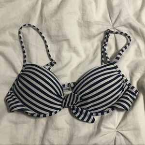 Navy Blue and White Tie Front Bikini Top